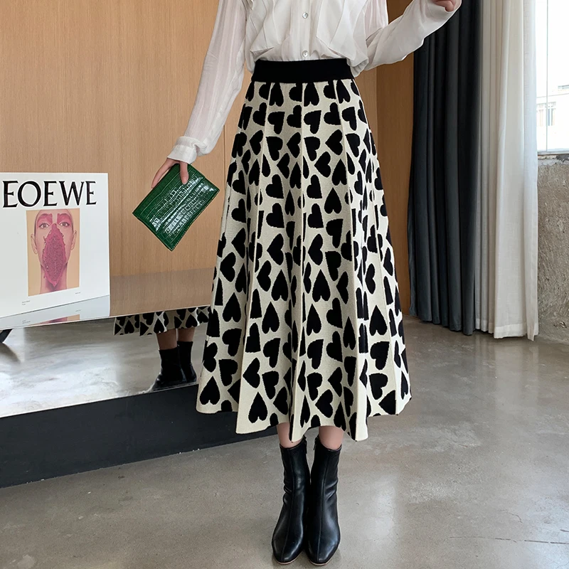 

2021 Women Love Jacquard Knitted Long Skirt Womens Autumn Winter Thick Warm High Waist Midi-Length A-line Skirts Ladies Bottoms