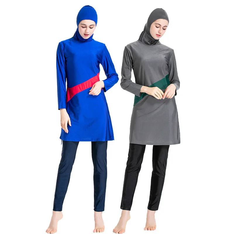 

Modest Muslim Islamic Women Swimsuit Color Matching Burkini SPF 50 Middle Eastern Conservative Swimwear Sportwear Chest Pad