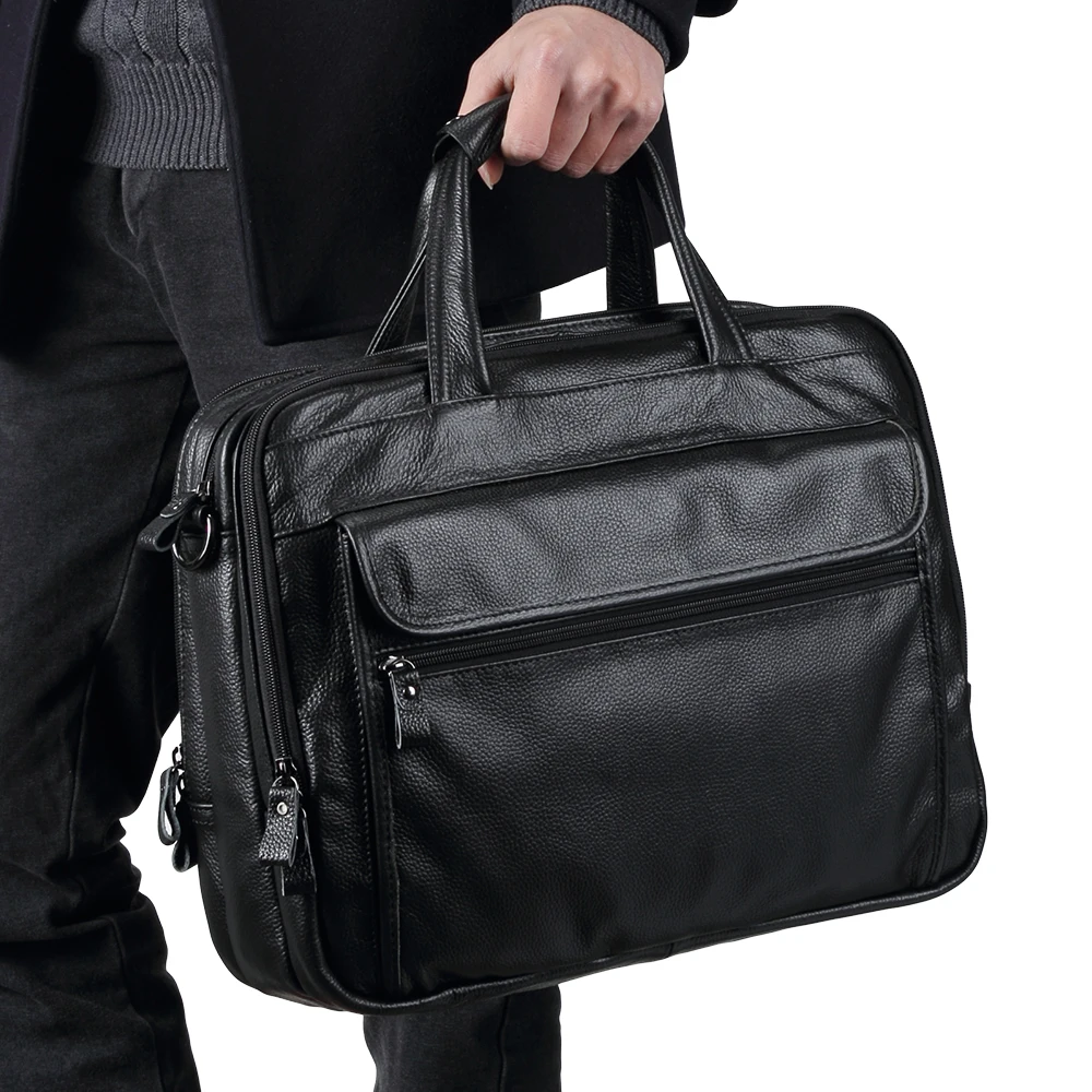 Large Travel Genuine Leather Handbags Brand Designer Natural Leather Messenger 16 inch Men's Laptop Bag Black Shoulder Bag
