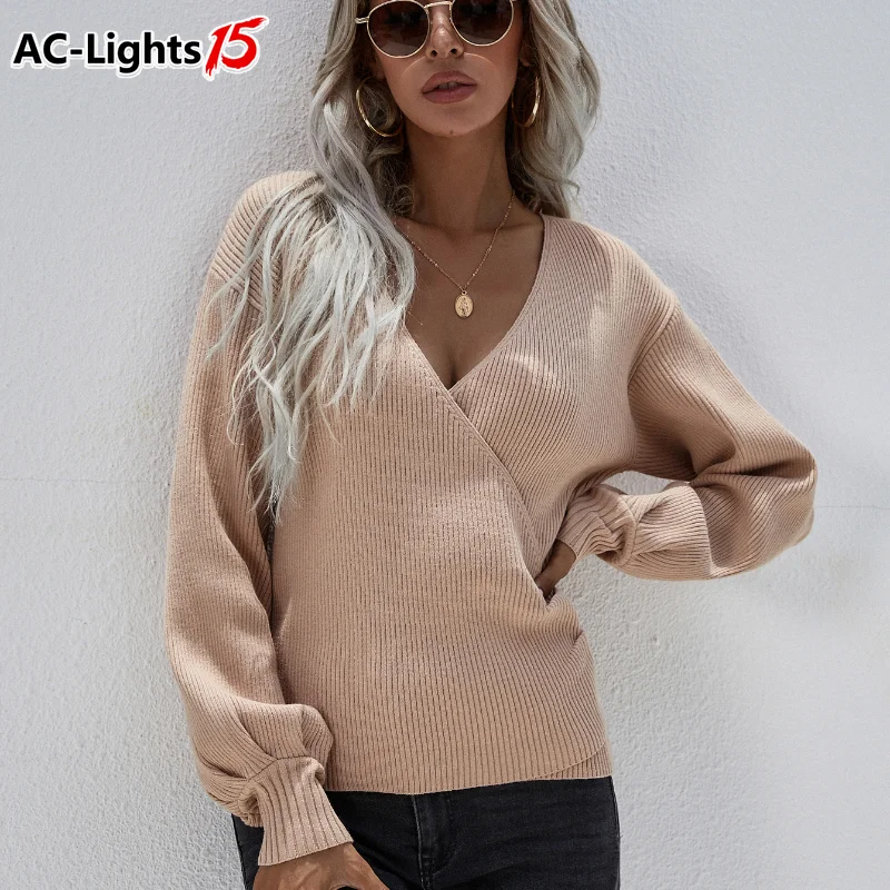 

Women V-Neck Winter Sweater Gray Black Fashion 2022 Sweaters Long Lantern Sleeve Solid Casual Pullovers Korean Knit New Fall Top