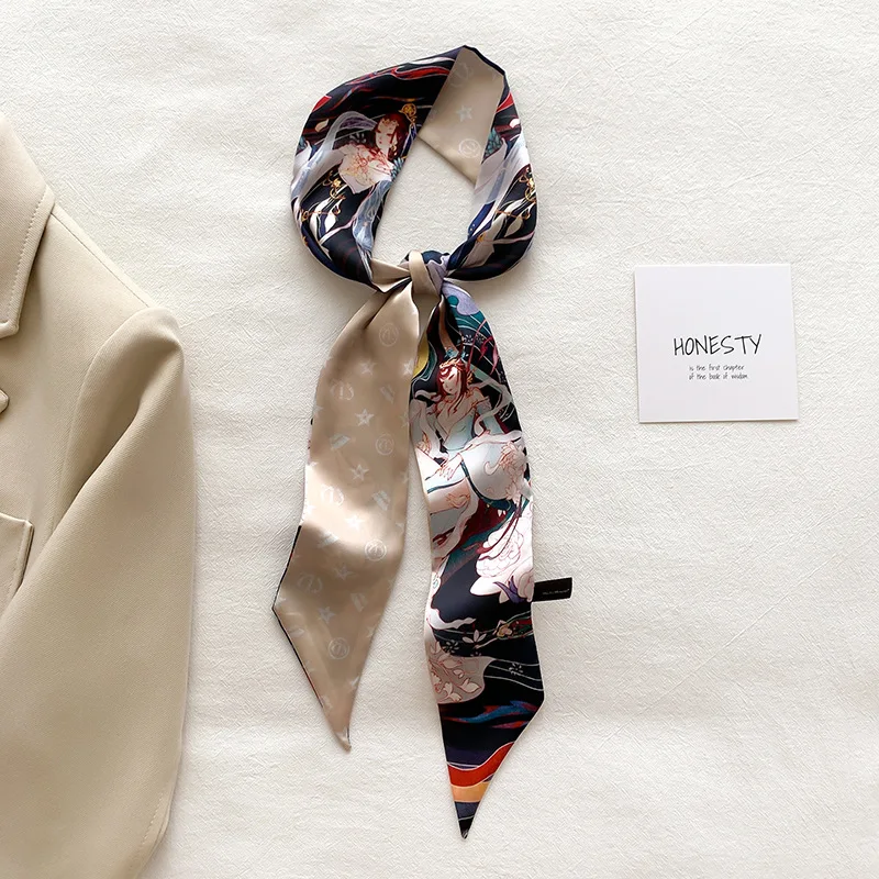 

Women Scarf Four Seasons 2021 New Fashion Collarbone Scarf Women Print Pattern Small Silk Scarf Thin Long Ribbon Hairband 268