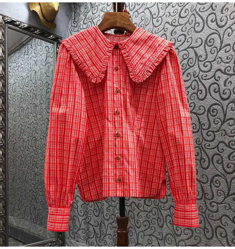 100%Cotton Shirts 2022 Spring Summer Style Women Turn-down Collar Geometric Prints Long Sleeve Casual Vintage Tops Blouse Ladies
