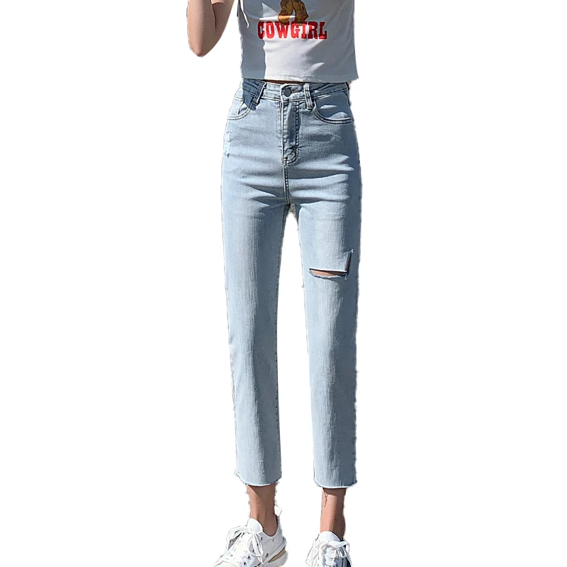 

Korean Style Light Blue Straight-Leg Jeans Women's Ripped Spring Clothes Loose And Thin High-Waisted Cropped Trousers