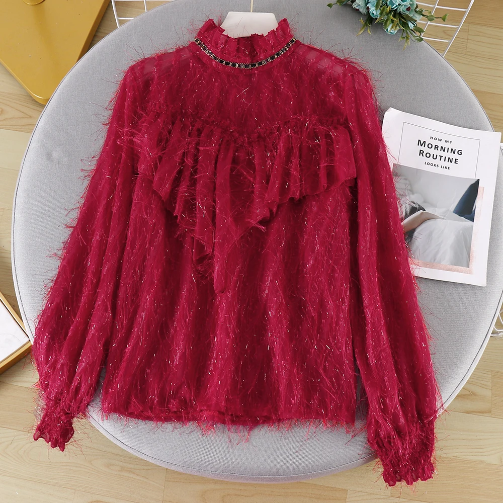 

women blouses chiffon ruffles tassel fashion brand loose Korean sweet style loose long sleeve shirts new woman ladies tops