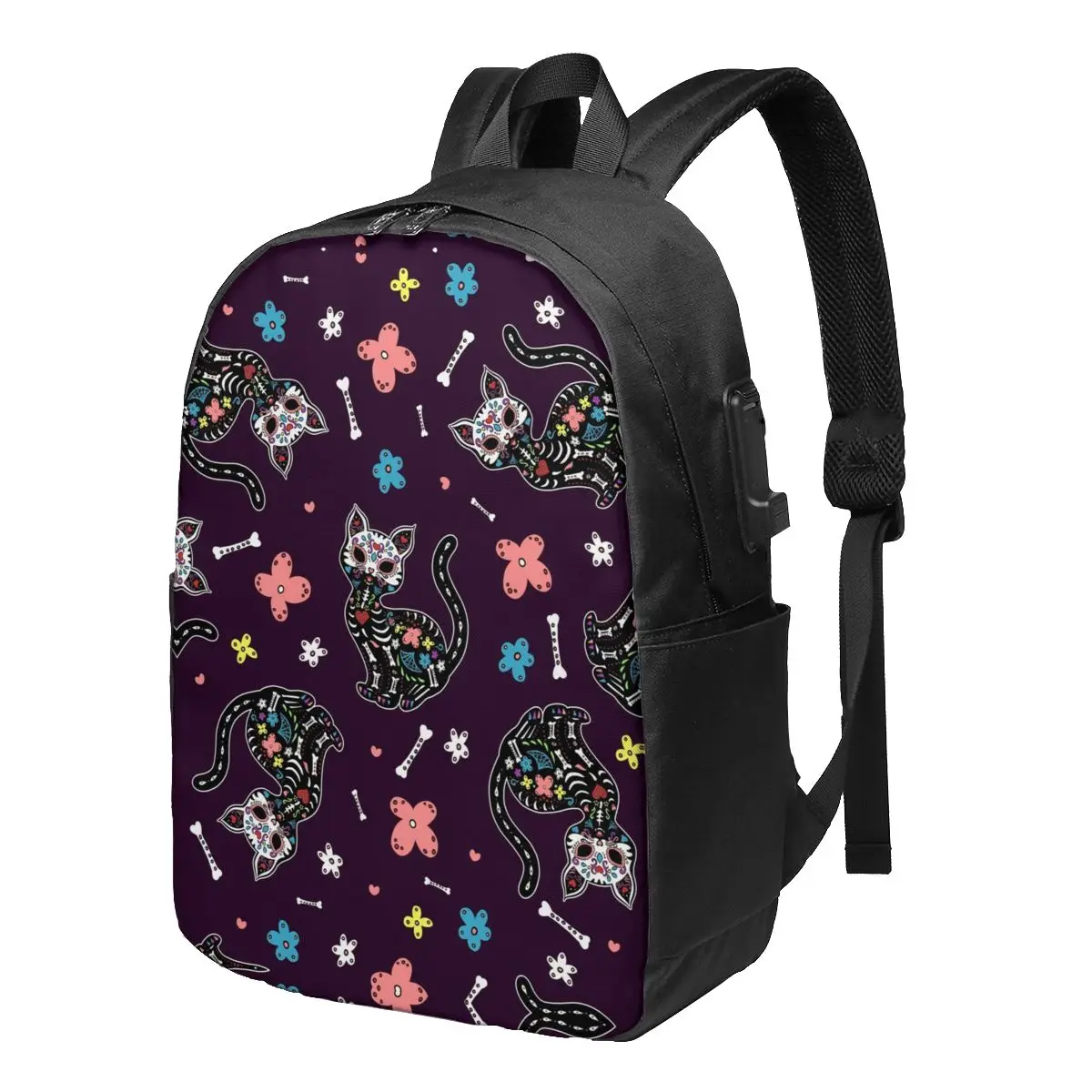 

Dia De Los Gatos Day Of The Dead Backpacks Flowers and Cats Skeleton Cute Charger USB Back To School Backpack Female Print Bags