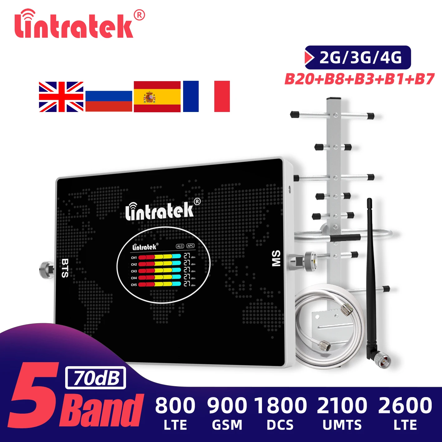 

Lintratek Cellular Booster GSM UMTS LTE 800 900 1800 2100 2600 Mobile Signal Amplifier 2G 3G 4G Network Repeater 5 Band B20 B7