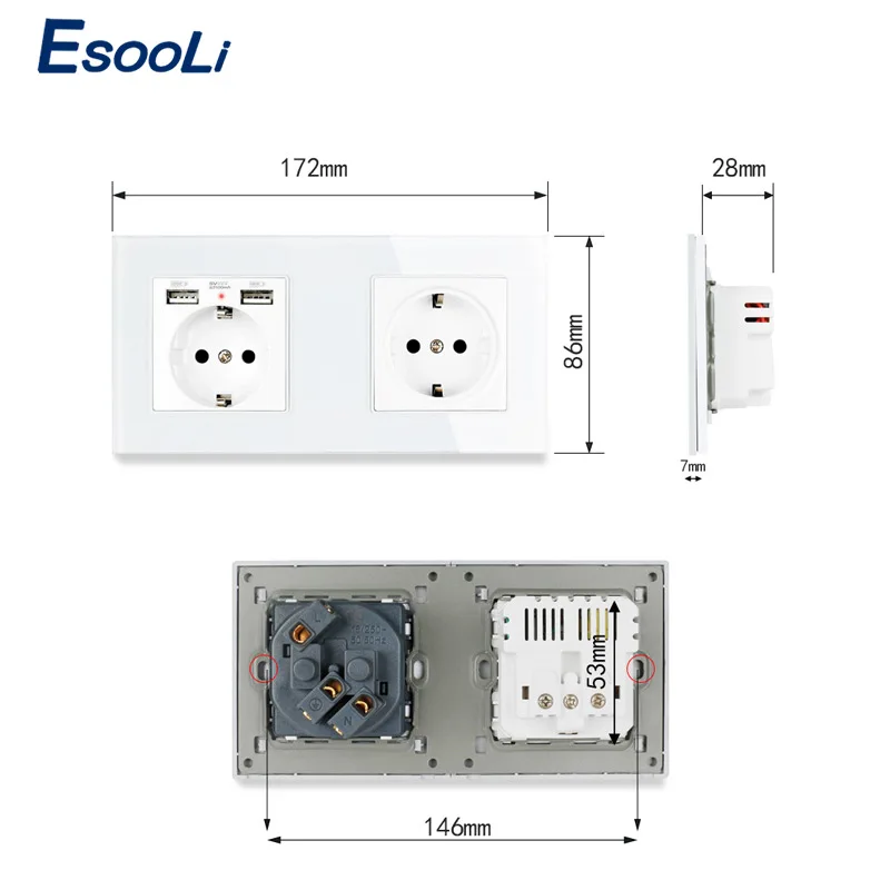 Esooli 2 Gang настенная розетка стандарта ЕС роскошная панель из хрустального стекла с