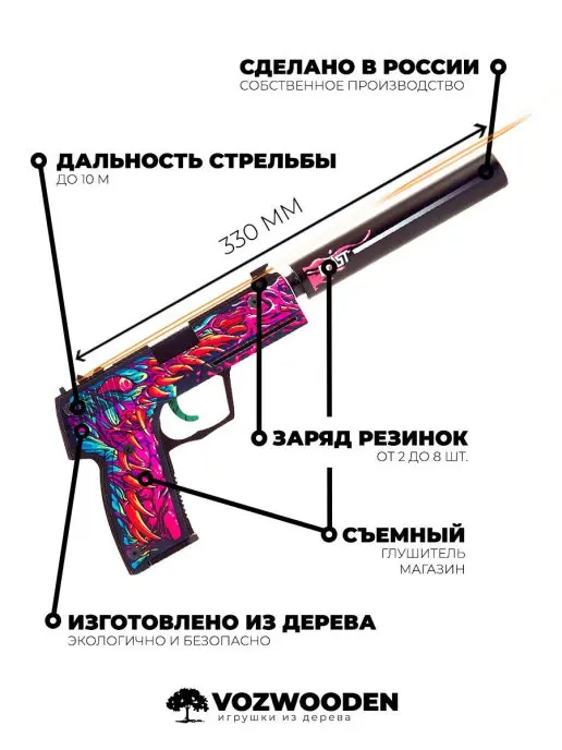 Деревянный пистолет Active ЮСП (USP S) Скоростной Зверь (резинкострел) КС ГО / CS GO