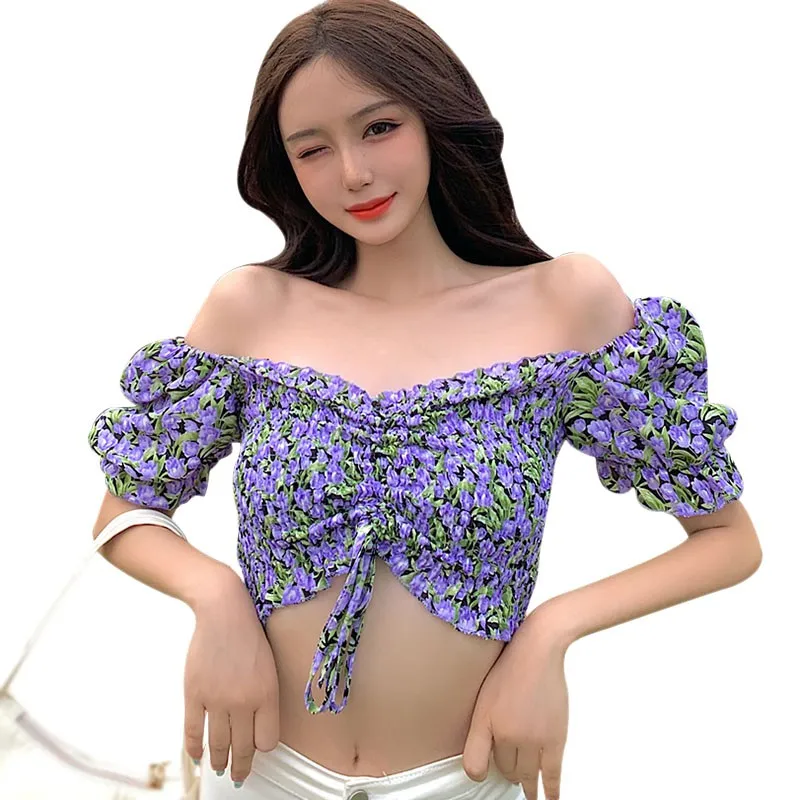 

Женская блузка с цветочным принтом, вырезом лодочкой и пышными рукавами, летняя Милая женская рубашка с коротким рукавом