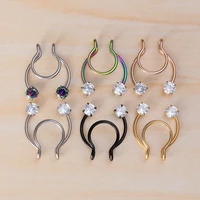 1 6pcs zircon fake nose ring septum piercing lip rings set hoop stud stainless steel horseshoe clip punk body jewelry for women