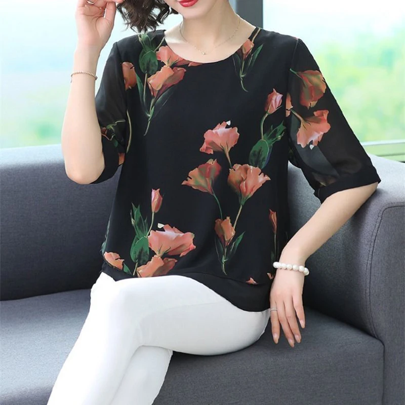 

Women Spring Summer Style Chiffon Blouses Shirts Lady Casual Half Sleeve O-Neck Flower Printed Blusas Tops ZZ0654