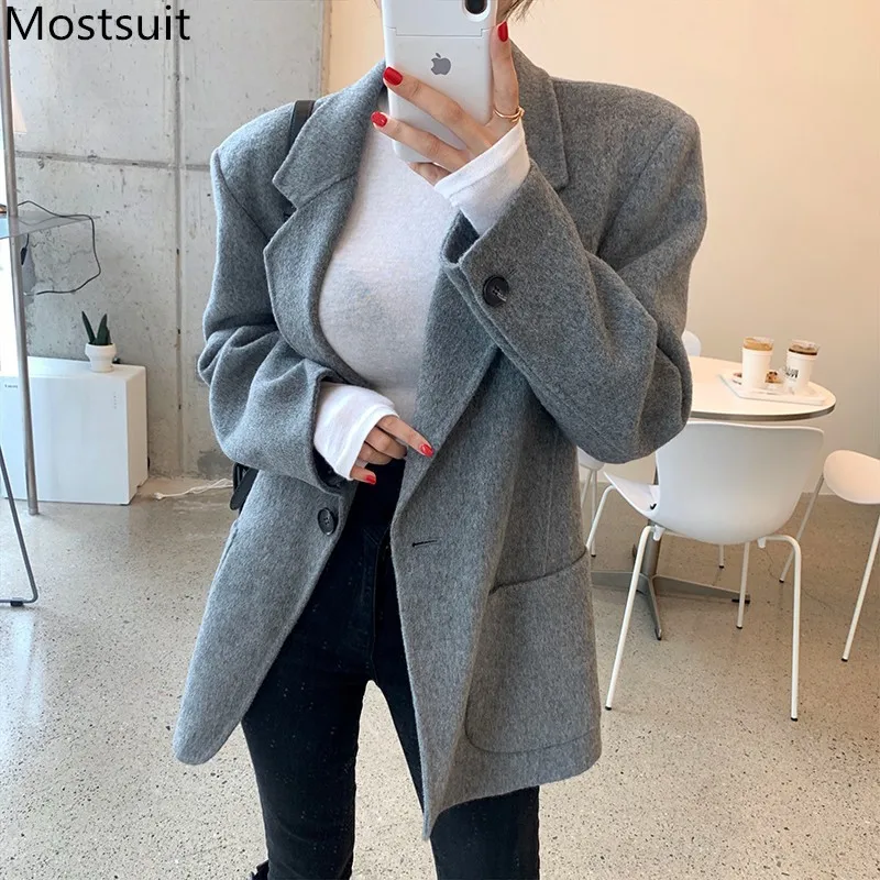 

Korean Thicken Notched Collar Women Woolen Coats 2020 Winter Full Sleeve Single Button Warm Loose Fashion Blend Coats Femme