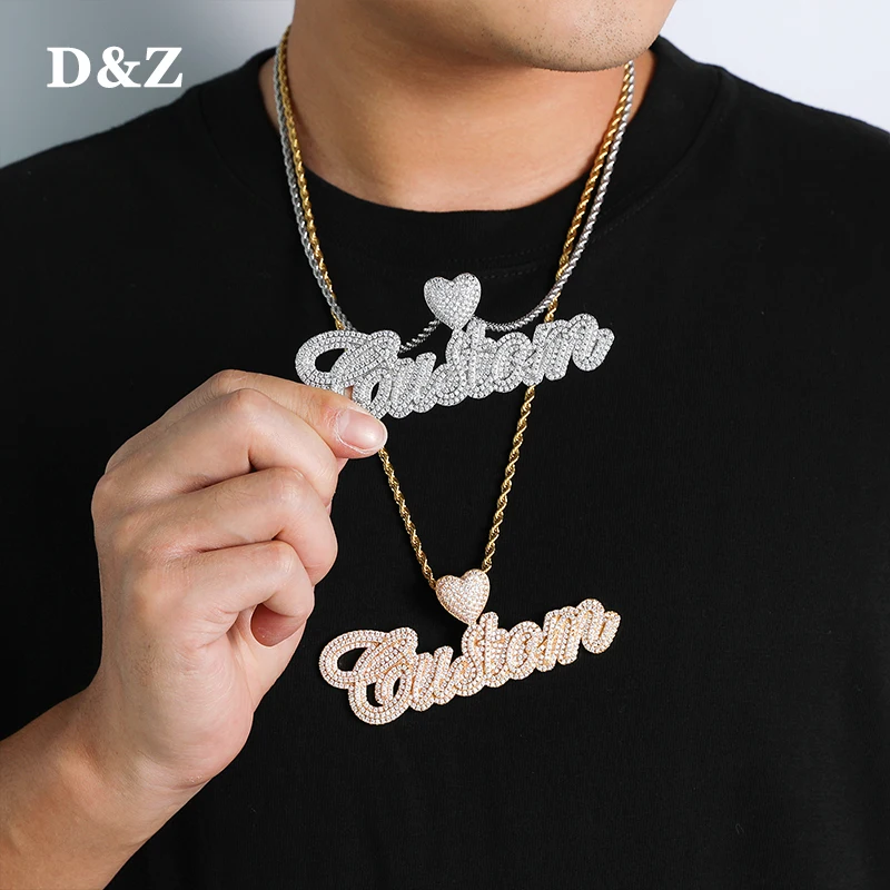 D&Z Custom Cursive Letters Name Pendant &Necklace With Heart Clasp Iced Out Cubic Zircon Gold Silver Color Charm Hip Hop Jewelry