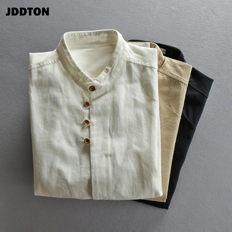 JDDTON Men's Cotton Linen Shirts Long Sleeve Solid Color Casual Soft Chinese Style Stand Collar Shirt Male Loose Shirt 7XL JE519