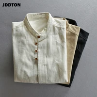 jddton mens cotton linen shirts long sleeve solid color casual soft chinese style stand collar shirt male loose shirt 7xl je519