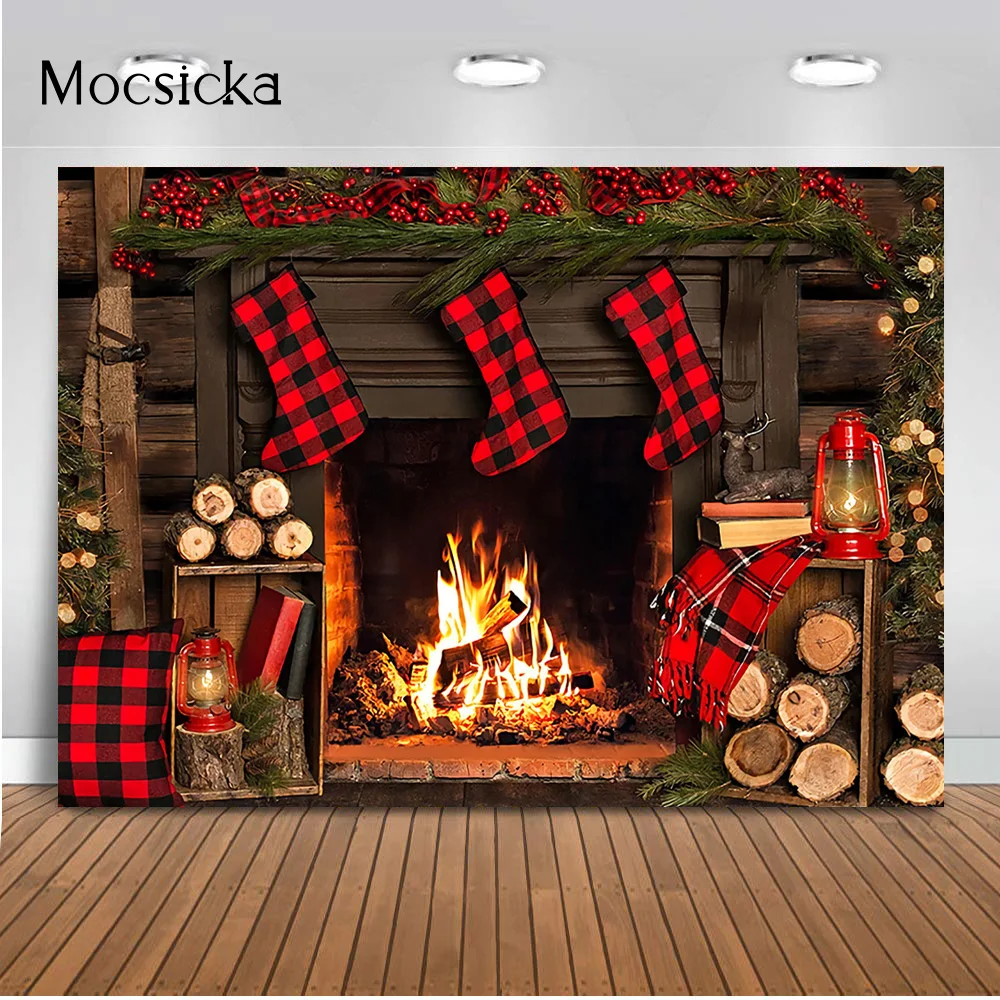 

Fireplace Backdrop for photography studio Red sock Rustic Wood Background for photo booth studio Christmas photocall