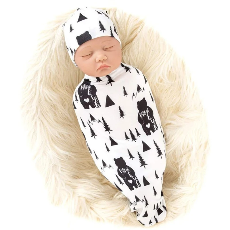 

2 Pcs Newborn Baby Printing Receiving Blanket Hat Set Swaddle Wrap Hair Band Set