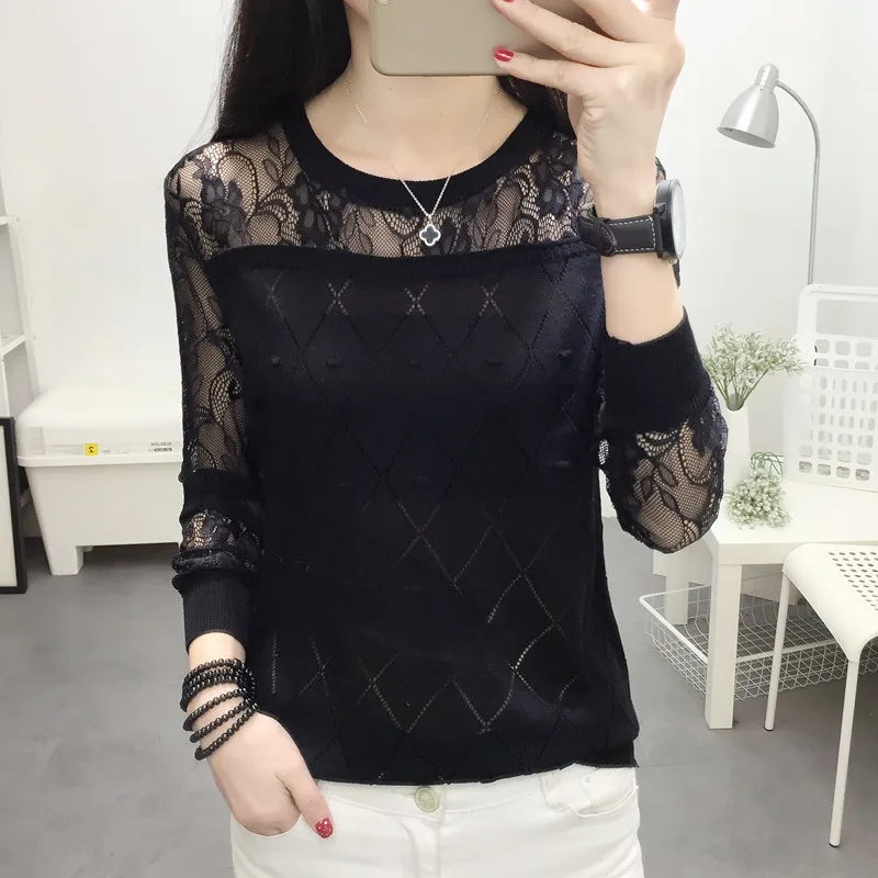 

2020 Lace Patchwork Autumn Knitted Sweater Basic Shirt Tops Girls Knit Shirt Pullover Sweater Jumper Pull Women Casual Sweaters