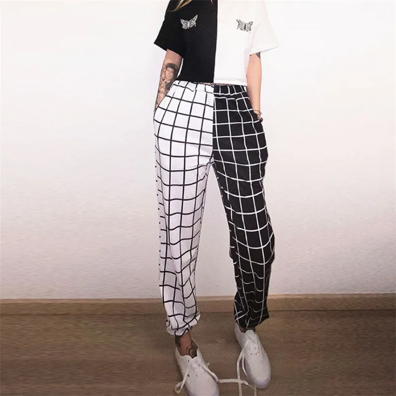 

Women Patchwork Plaid Jogger Pants Contrast Color High Waist Elastic Sport Pants Female Summer Casual Fashion Ladies Sweatpants