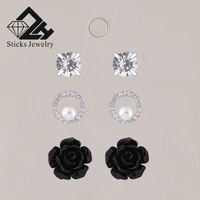 3 pairsset crystalpearlrose resin stud earrings fashion earring for women jewelry