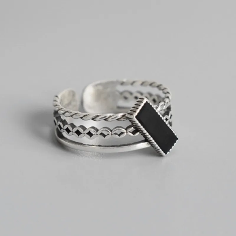 

925 Sterling Silver Double Twist Ring Jewelry Simple Retro Black Rectangular Opening Ring For Women Party Gift