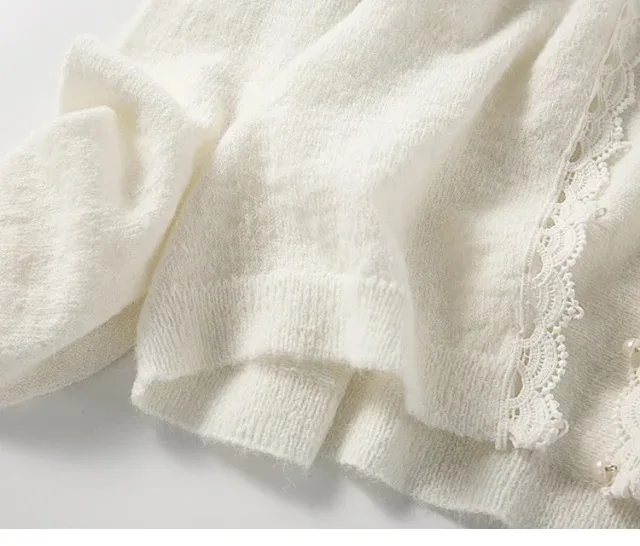 New Fashion V-neck Women Knitted Sweater Cardigan Hollow Lace Stitching Single-breasted Knitwear Short Coat Top |