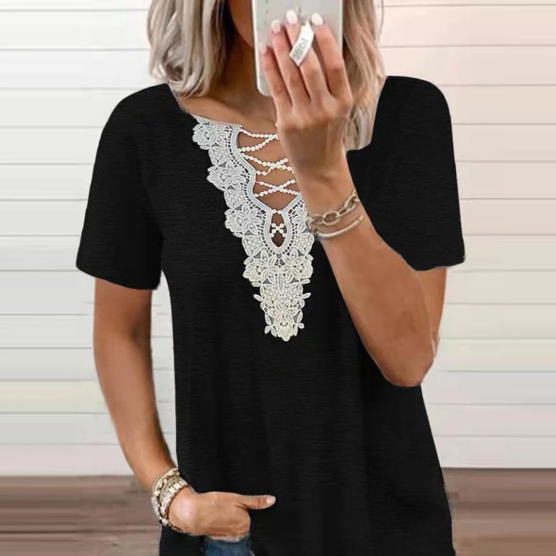 

Vintage Harajuku Patchwork Lace V Neck Blouses Casual Short Sleeve Loose Pullover Tops 2021 Summer Cross Hollow Out Shirt Blusas