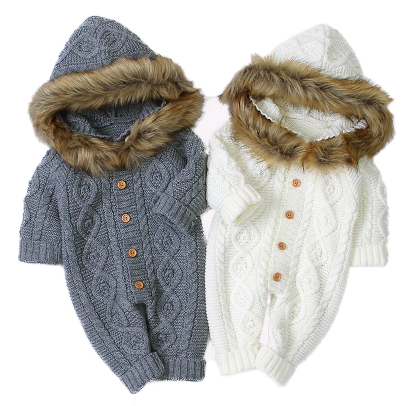 

Вязаный комбинезон с меховым воротником для новорожденных; Шапка; Сезон осень-зима; Комбинезон для маленьких мальчиков и девочек; Милая оде...