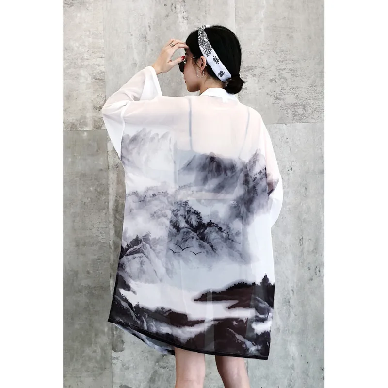 

Improved Hanfu Summer Women's Ancient Style Mid Long Cardigan Ultra Sunscreen Thin Coat Chinese Style Basic Jacket