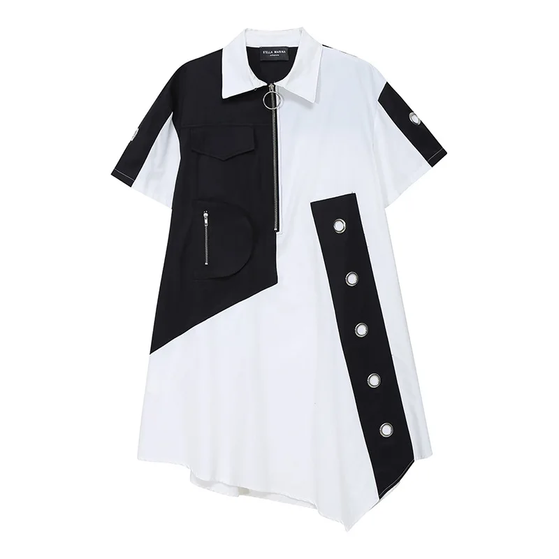 

SuperAen Summer New Design Black and White Patchwork Irregular Turn-down Collar Zippers A-LINE Casual Dress for Women