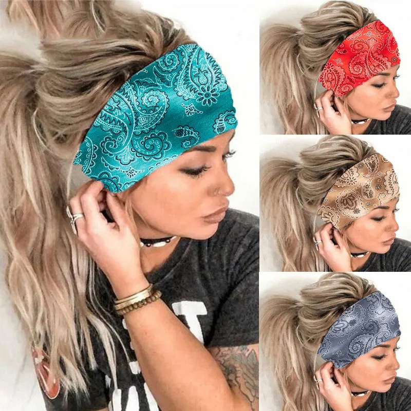 

1PC Vintage Hair Accessories Cashew Flower Boho Headbands Stretch Wide Headwrap Sport Yoga Turban Headwear Elastic Hair Band