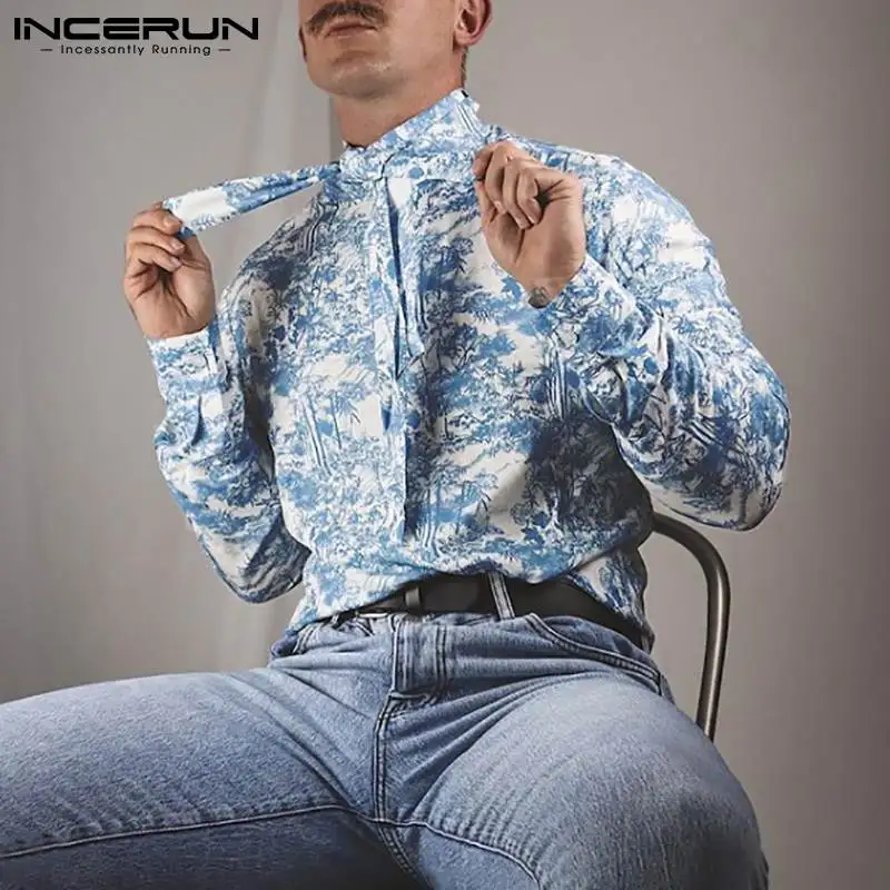 

2022 Men Shirt Printing Lace Up Long Sleeve Leisure Camisa Masculina Vintage Streetwear Button Casual Men Clothing INCERUN S-5XL