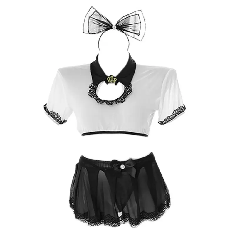 

Women Sexy Princess Costume Embroidery Crown Crop Top Mini Skirt Bowknot Headabnd Perspective Lingerie Nightwear