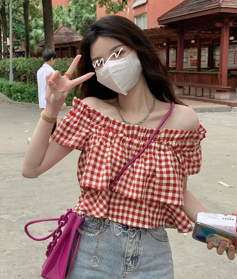 Летняя рубашка на плечо новинка 2021 маленькая клетчатая дизайнерская брендовая