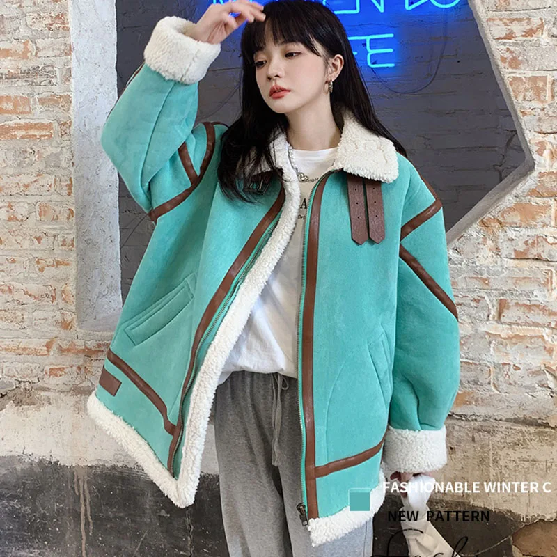 

Lamb Wool Coat Female Winter Korean Plus Velvet Thickening Fashion Locomotive Cotton Fur One Long Sleeves Green Women's Jacket