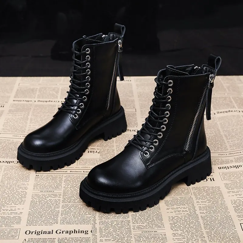 

Женские ботинки со шнуровкой, Черные ботильоны с круглым носком, 2021