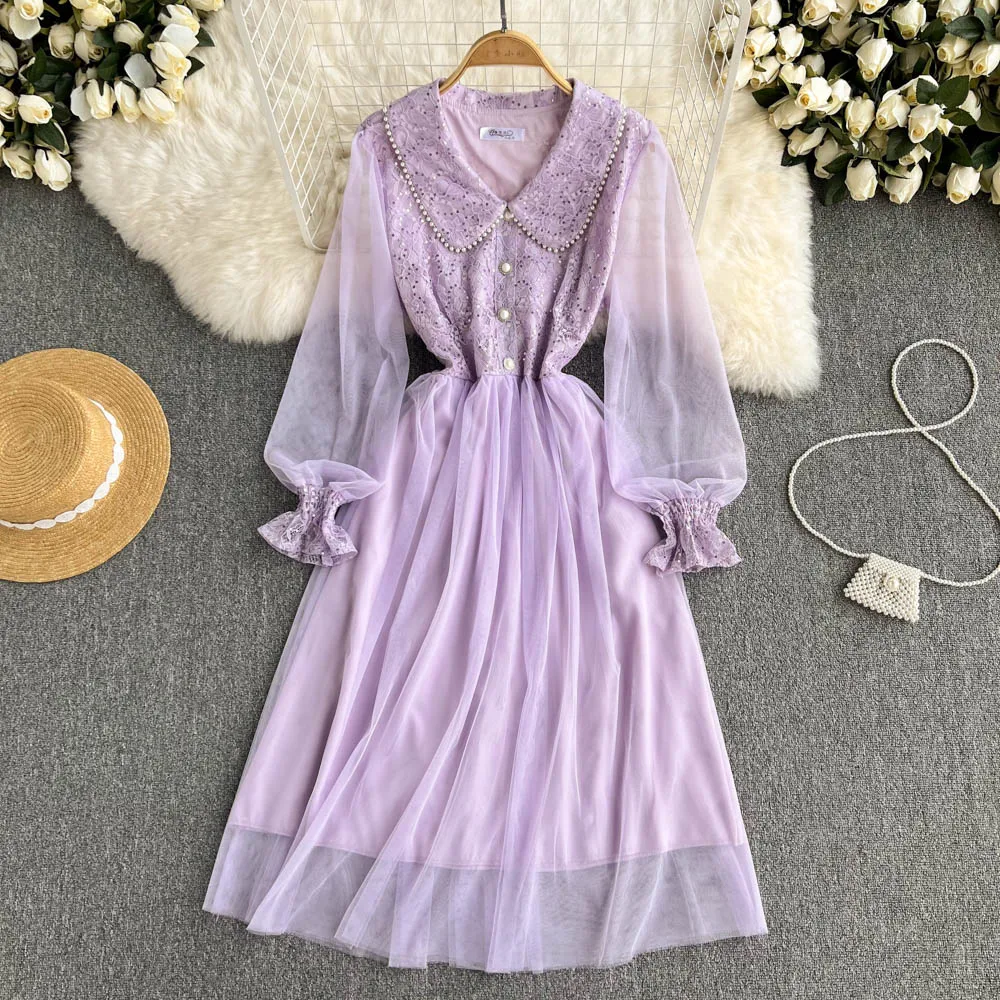 

C291 Women New Fashion Autumn Chic Sequined Lapel Button Sweet Slim Gauze Lace Dress Long Sleeve Elegant Sweet Vestidos