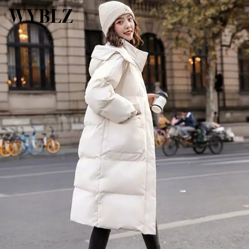WYBLZ Women's Cotton Jacket Long Down Winter Parka Women Black White Cotton Coat Female Korean Loose Hooded Overcoat Jackets New