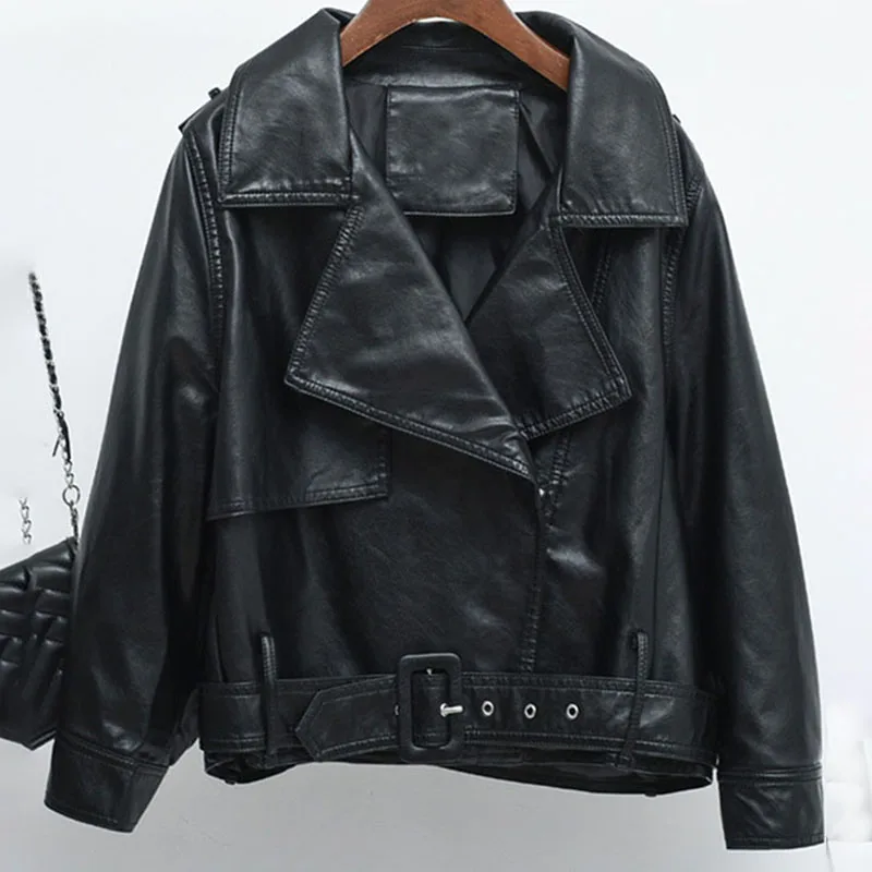 Куртка SWQZVT женская кожаная свободная короткая куртка с рукавами фонариками