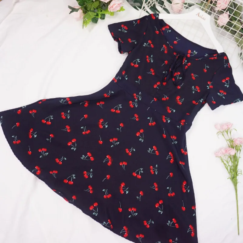 Женское платье с коротким рукавом v-образным вырезом клетчатым принтом вишни