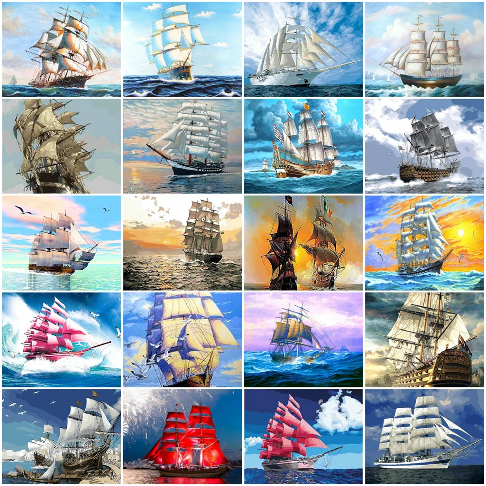 

HUACAN DIY Рамка Картина маслом по номерам Лодка Пейзаж акрил на холсте Настенная картина по номерам Морской Декор для детской комнаты