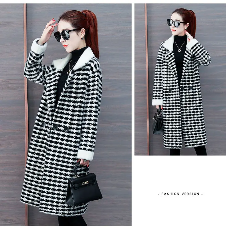 

High Quality Imitation Mink Velvet Coat New Spring Thick Mid-length Hong Kong Style Retro Plaid Imitation Gold Mink Velvet Coat