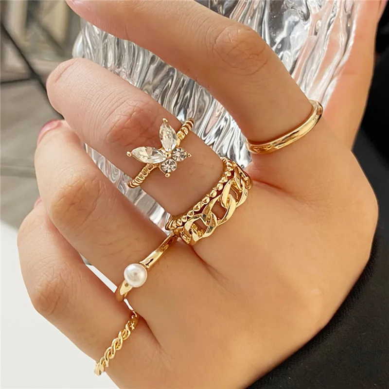 

LETAPI Fashion Crystal Hollow Chain Finger Knuckle Rings Set for Women Bohemian Butterfly Charm Ring Female Jewelry Gifts