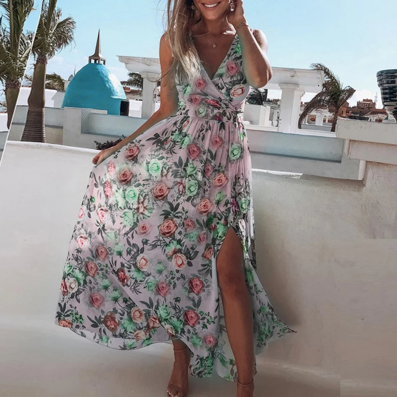 

2020 New Women V Neck Open Fork Dress Floral Print Long Dress Summer Sleeveless Party Pink Chiffon Elegant Casual Maxi Dresses