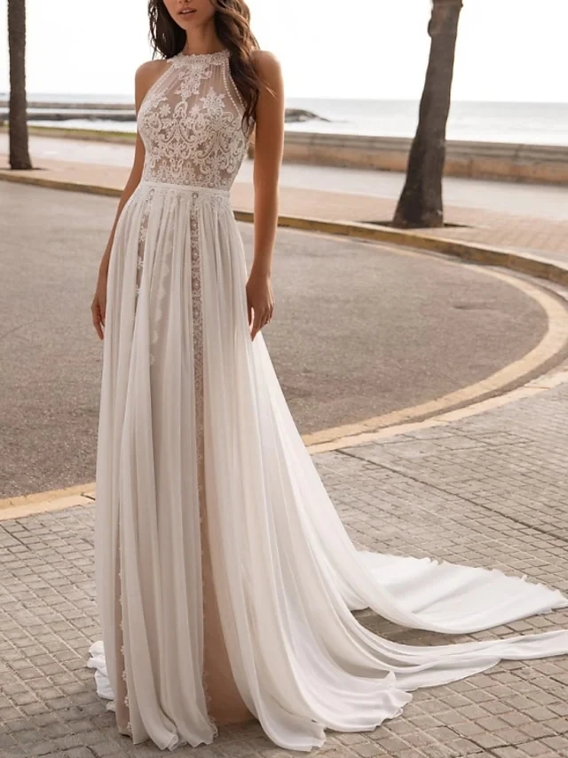 

Vestido De Novia Modesto Beach Wedding Dresses A-Line Halter Chiffon Tulle Appliqued Cheap Sexy Wedding Gown Bridal Dresses