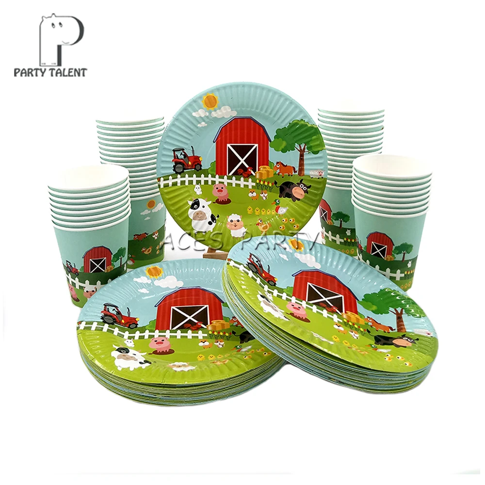 Boys Kids Farm Animal theme table cloth table cover, birthday party Tableware Balloon Candy Box Flag Plate Cup Party Supplies