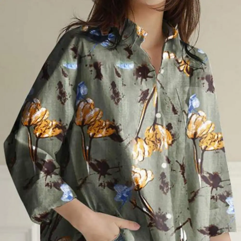 

Women Shirt Turn-down Collar Long Sleeve Casual Split Hem Floral Women blouse Top Autumn Shirt