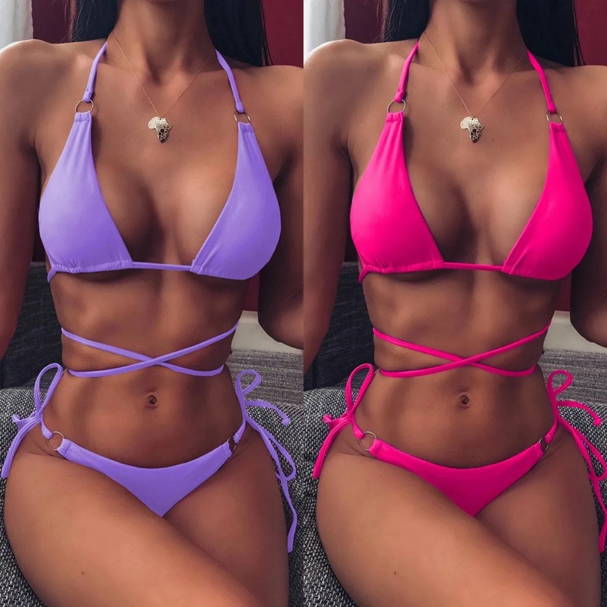 

2021 Сплошной треугольник бикини женский крест-накрест Бандаж с открытой спиной два предмета купальник женский бразильский стринги бикини н...