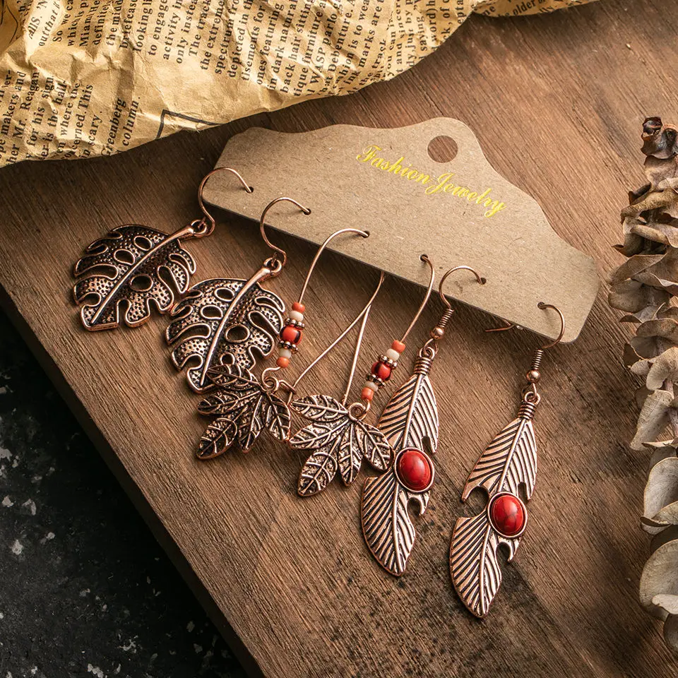 Винтажные этнические богемные серьги-подвески в виде розового золота с листьями