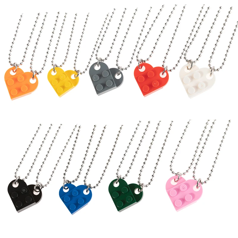 

2Pcs Cute Love Heart Brick Pendant Necklace For Couples Friendship Women Men Girl Boy Lego Elements Valentine's Day Jewelry Gift